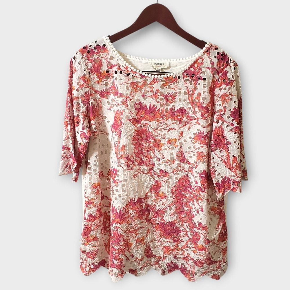 Porridge Anthropologie Arber Floral Eyelet Lace Blouse Top Ivory Pink Large